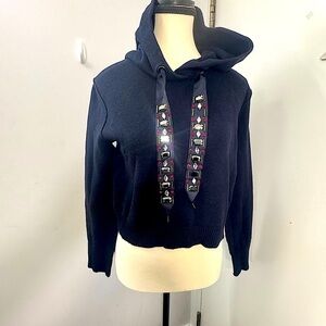 Zara Knit Cropped Hoodie Size M Navy Blue Jeweled Drawstrings Long Sleeve